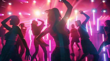 A group of people are dancing in a club with bright lights