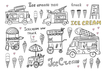 Cute set of ice cream van, ice cream truck and ice cream in a waffle cone. Gelato. Great for summer dessert menu design, banner, sites, packaging. Hand drawn. Doodle style.