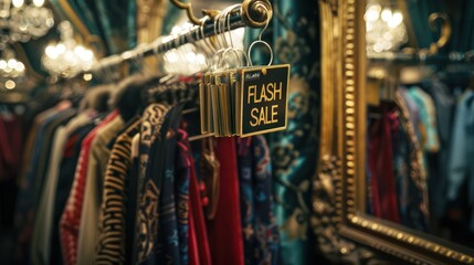 Fashion stores are holding promotions Flash sale discount. Clothing shop with Flash Sale written on the clothes hanger on the shop shelf. 