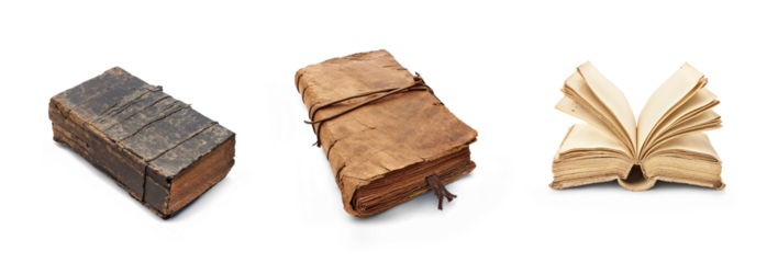 old torn and grunge old book and page paper sheet as empty blank mockup of aged knowledge wisdom and history ancient science, cutout on png transparent background collection