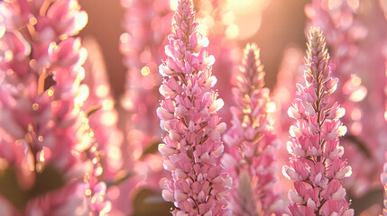 Wild Lupines in Bloom, Vibrant Purple and Pink Flowers in a Sunny Meadow, Fresh Springtime Flora