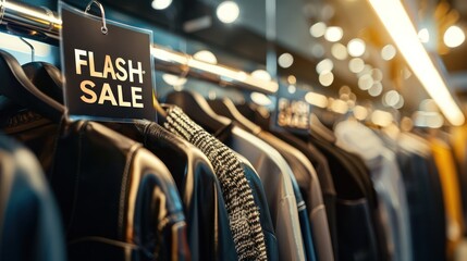 Fashion stores are holding promotions Flash sale discount. Clothing shop with Flash Sale written on the clothes hanger on the shop shelf. 