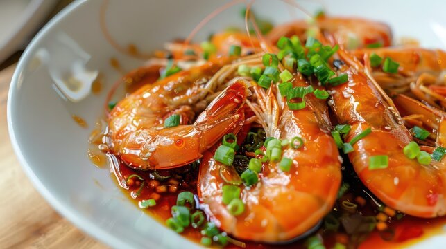 Top view of delicious shrimp soaked in Chinese wine named drunken shrimp for lunar new year's dishes