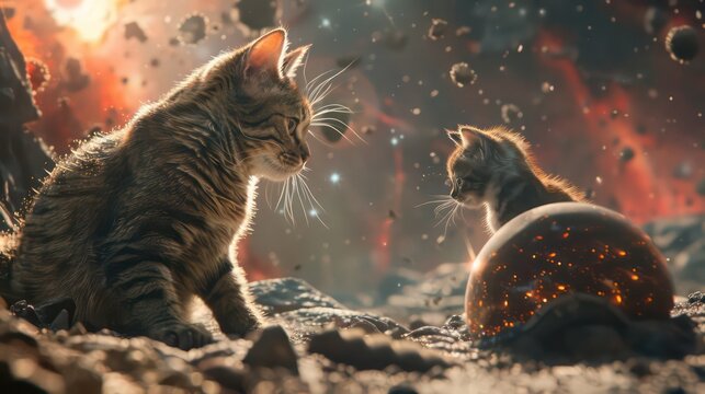 Space cat in cosmos and stars background. Funny and cute cat astronaut, pet adventure greeting card design. Kitten in cosmos