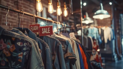 Obraz premium Fashion stores are holding promotions Flash sale discount. Clothing shop with Flash Sale written on the clothes hanger on the shop shelf. 