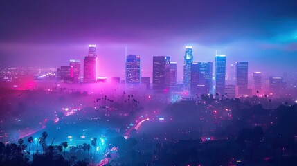 Fototapeta premium Night city, neon light, palms against the sunset, stars.