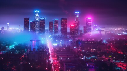 Obraz premium Night city, neon light, palms against the sunset, stars.