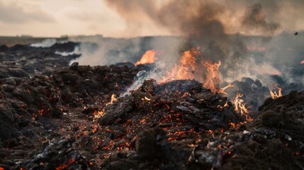 A smoldering fire fueled by thick dark chunks of peat symbolizing the destructive impact of draining peatland for energy.