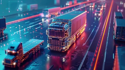 Abstract global logistics network concept with cargo trucks and AI technology, futuristic transportation of goods by road, sea or air in the world for fast shiping and container