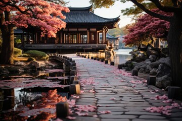 Japanese Zen Garden with Lake and Pavilion., generative IA