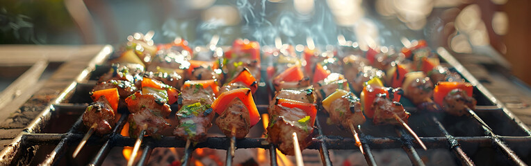 Barbeque skewers meat with vegetable grilling on charcoal bbq grill in backyard
