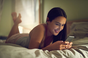 Home, woman and cellphone in bedroom for social media, chat and networking online with contact....
