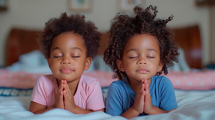Afro kids praying in bed