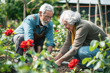 Senior mixed couple spreading compost around rose bushes in their garden.