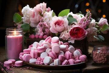 Variety of pink sweets in vintage table., generative IA