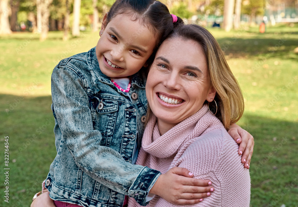 Poster Portrait, happy mother and hug child at park together for love, care and bonding on summer holiday vacation. Face, mom and embrace girl outdoor for connection, support and healthy family relationship