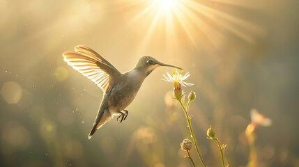 Intimate Close-Up of a Hummingbird and Tiny Flower Bathed in Sunlight