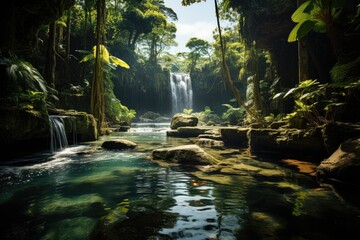 Spectacular waterfall in the dense jungle., generative IA