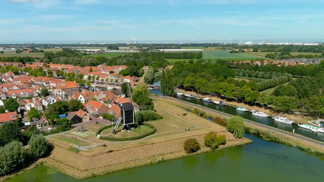 Aerial view of a mill in the fortified city of Brielle, South Holland, Netherlands.