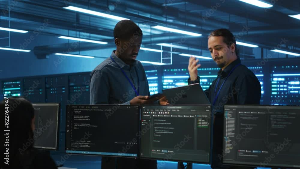 Poster multiracial team of technicians working in high tech server hub capable of storing vast amounts of d