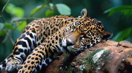 Obraz premium A Jaguar relaxes on a tree trunk on the banks of the Tambopata river, in the Peruvian Amazon