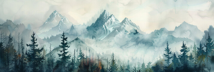 watercolor mountain landscape with foggy forest and snow covered peaks, vintage oil painting