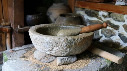A simple yet efficient oil press made out of a large stone and a wooden pestle.
