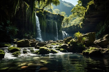 Waterfall hidden in isolated clearing, pure serenity., generative IA