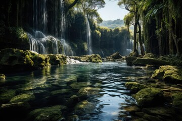 Waterfall hidden in isolated clearing, pure serenity., generative IA