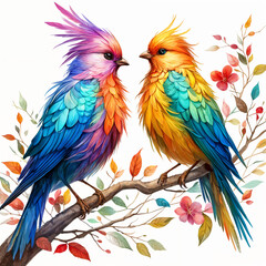 Obraz premium Two colorful birds perched on a branch with autumn leaves and flowers, set against a white background.