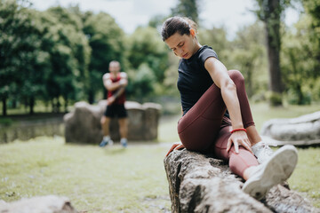 Focused young woman wearing sportswear stretches after a workout on a log in a lush green park,...