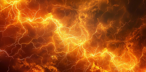 Lightning background, abstract wallpaper with orange and yellow thunder lightings. A powerful storm with energy flashes in the dark sky