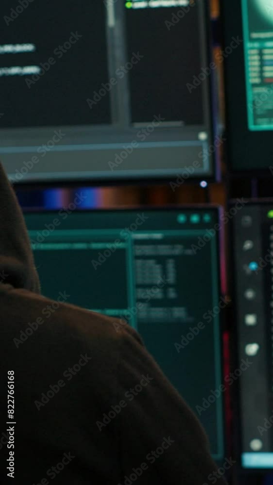 Poster vertical video cybercriminal coding, developing zero day exploit undetectable by antivirus software 