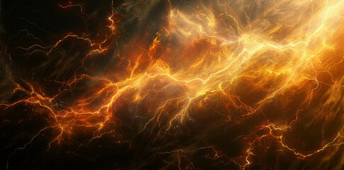Lightning background, abstract orange lightning bolts on black background. Fire and electricity light effect with yellow thunderstruck, abstract energy