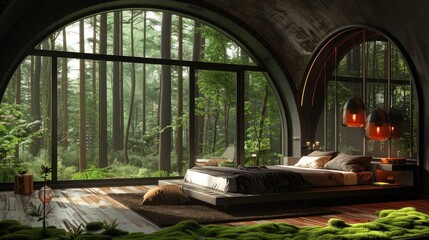 An interior design of a bedroom in the forest, with a big arched window and glass, a bed on a wood floor, a hanging lamp, a mossy ground, a black ceiling, green trees, in the hyper realistic, - Powered by Adobe