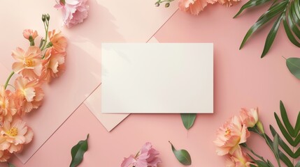 Wedding invitation or greeting card mockup, flat lay with flowers on paper background