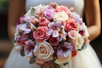 Obraz premium Radiant bride holds elegant flower bouquet., generative IA