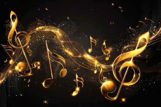 Gold music background with musical notes and bokeh lights.
