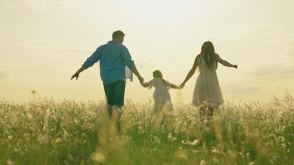 Happy family, child, are runs in summer field, holding hands. Mom, dad, daughter kid walking...