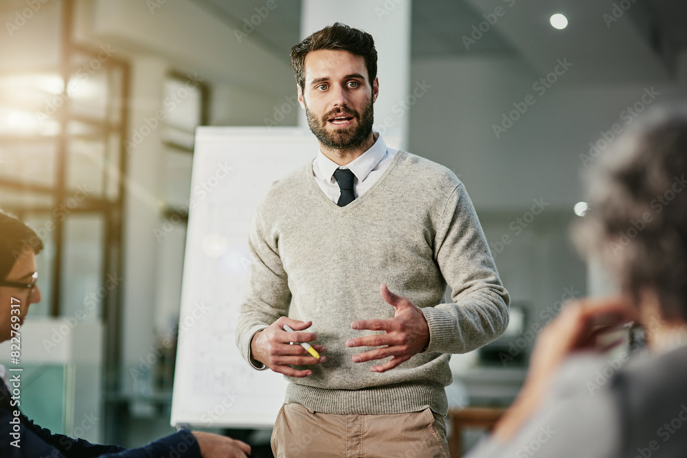 Poster man, chart and mentor in meeting for strategy, brainstorming and talking in office presentation. mal