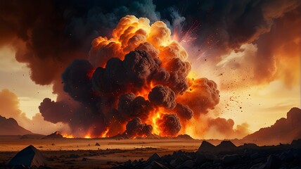 Powerful Dynamite Detonation Creating Intense Fireball, Dark Smoke Clouds, and Shattered Debris