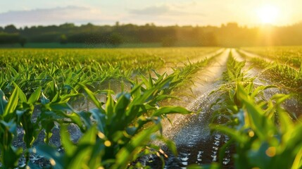 Agricultural irrigation system watering corn field on sunny summer day.