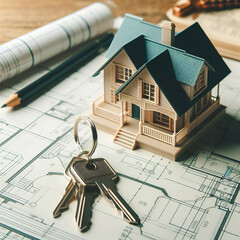 Conceptual Closeup of a Tiny Small Architectural Model House Future Home Sitting on a Set of Blueprint Shell Maps Drawing Layout Plan Design & Set of Keys on Top in Front at Landlord Real Estate Agent