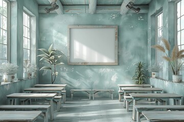 Bright digital classroom in 3D minimal style, with virtual whiteboards for social media posts about educational tech