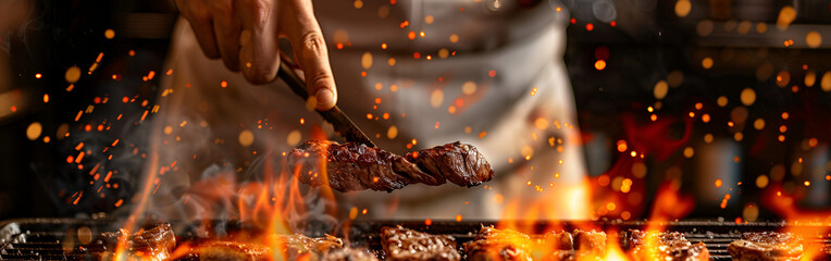 A person cooking food on a grill barbecue summer cooking for eid speial chicken steak fire with blurred background
