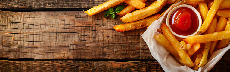 French fries with ketchup delicious salted fries yummy foodie tasty on wooden table background
