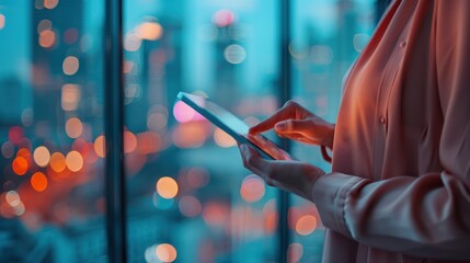 A business professional using a sleek tablet in a modern office, seamlessly integrating technology into their workflow, with a backdrop of large windows overlooking a cityscape