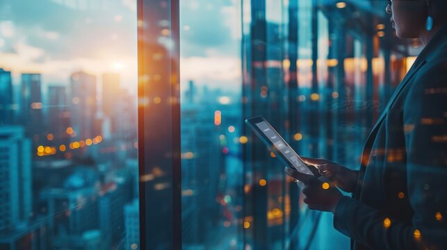 A business professional using a sleek tablet in a modern office, seamlessly integrating technology into their workflow, with a backdrop of large windows overlooking a cityscape