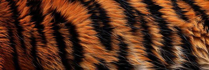 A closeup of the fur texture on an orange and black tiger's back, showcasing its striped pattern in high resolution.