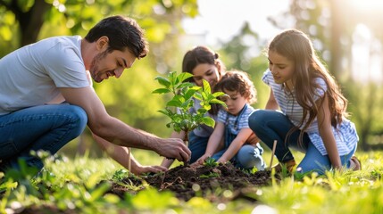 Join a family planting a tree, symbolizing green energy initiatives and sustainable living for a brighter future.